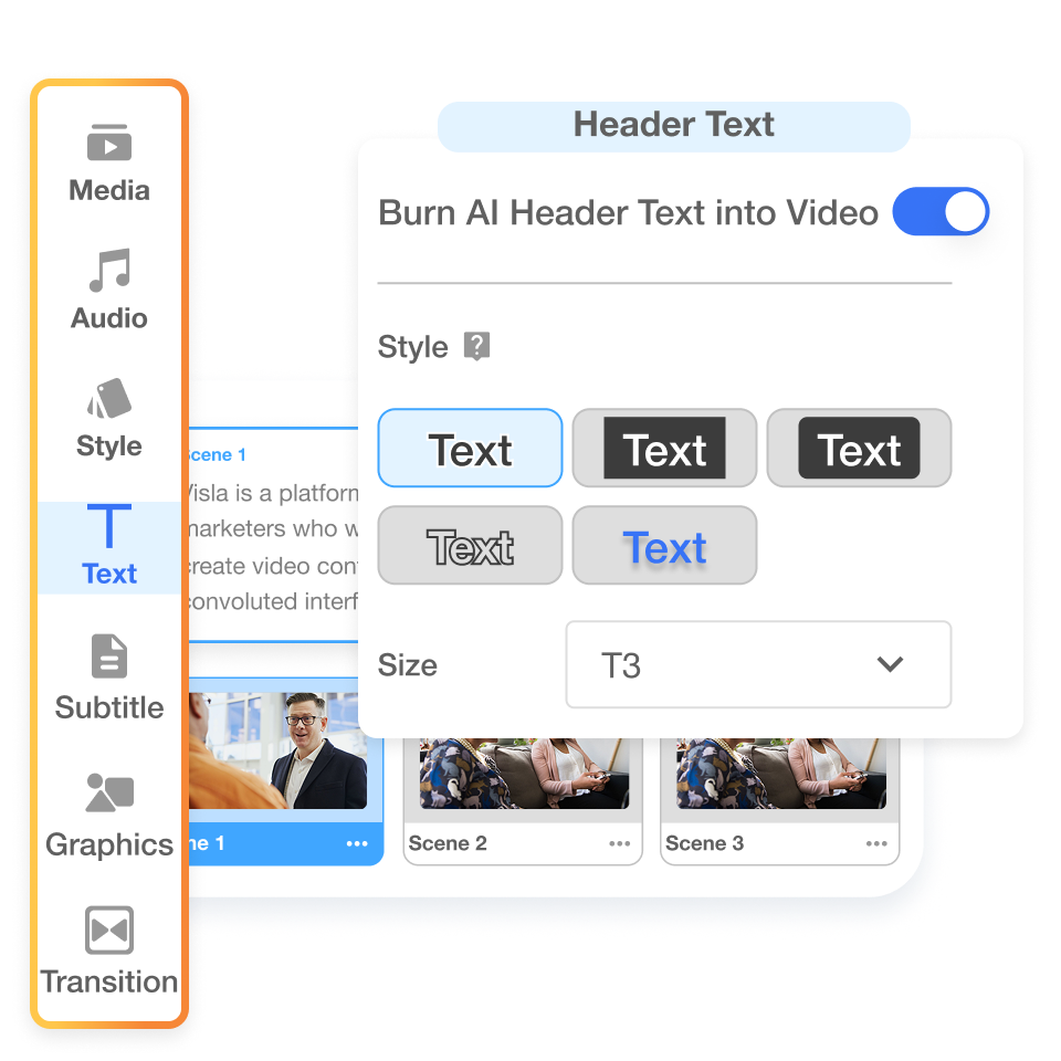 Edit your PDF-based reel in Visla’s scene editor with voice and visual controls